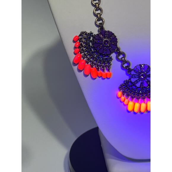 J. CREW Fan Fringe Flower Purple Orange Gold Tone Statement Bib Necklace - Picture 6 of 16